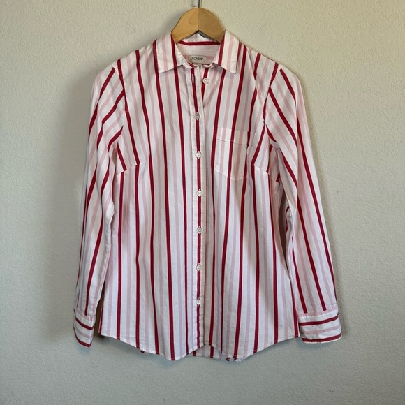 J Crew Lightweight Cotton Blend Button Front Long Sleeve Shirt Red White Stripes - Picture 1 of 11